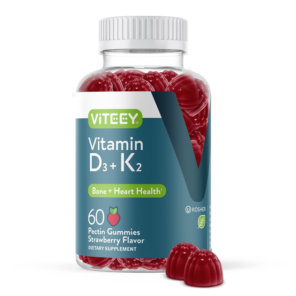 VITEEYビタミンD3 K2グミー - 1000 IUビタミンD3とK2 100mcg - 大人とティーンのための骨と心の健康 - ベジタリアン、ゼラチンフリー、GMOフリー - おいしいChewable D3K2ビタミンイチゴ風味のおいしい