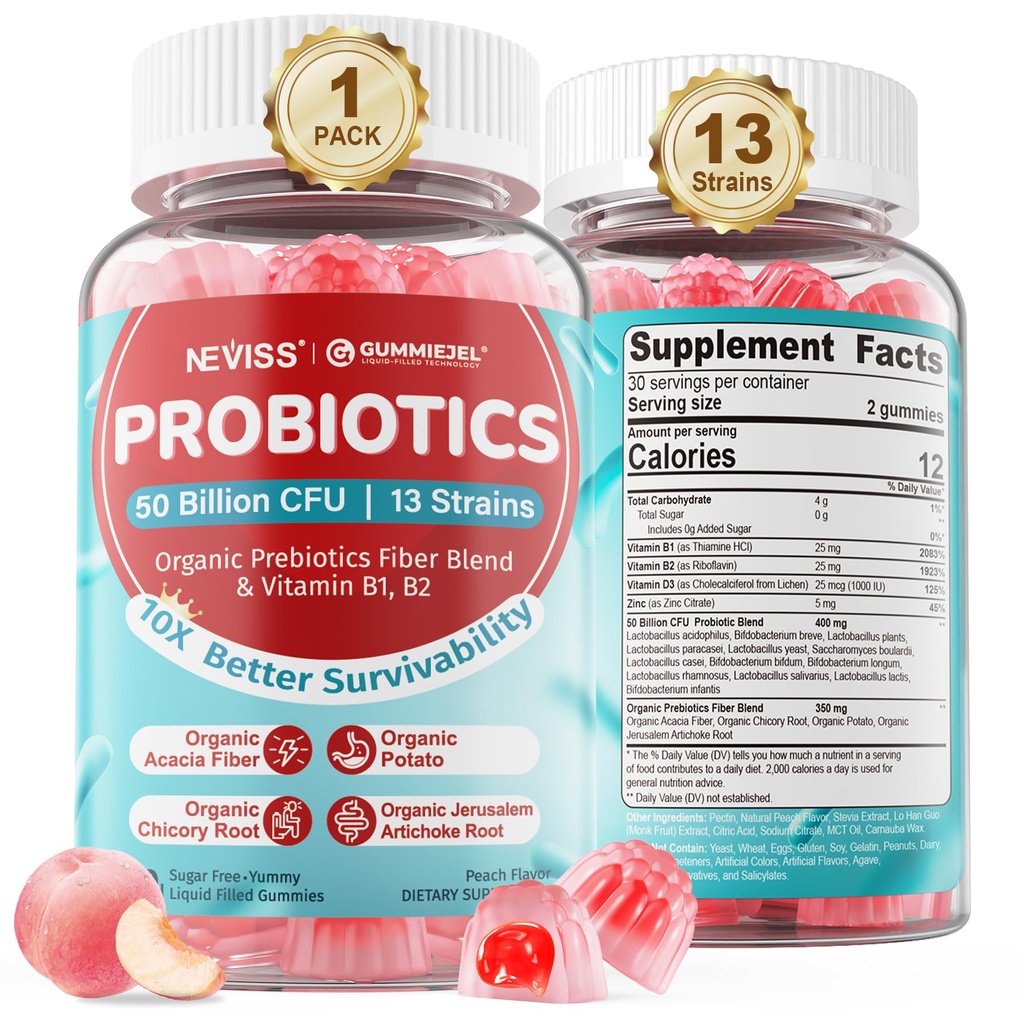 NEVISS Probiotic + 大人のためのプレバイオティックグミー & キッズ4 +, 砂糖無料Chewable 50 Billion CFUs w/Fiber, ビタミンB1 B2 D3 & 亜鉛, 消化 & 腸の健康, ブーストマイクロフローラ多様性, 60 Cts