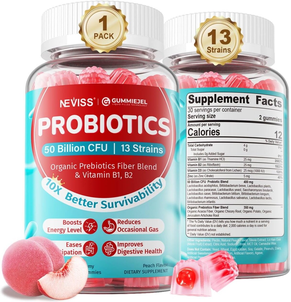 NEVISS Probiotic + 大人のためのプレバイオティックグミー & キッズ4 +, 砂糖無料Chewable 50 Billion CFUs w/Fiber, ビタミンB1 B2 D3 & 亜鉛, 消化 & 腸の健康, ブーストマイクロフローラ多様性, 60 Cts