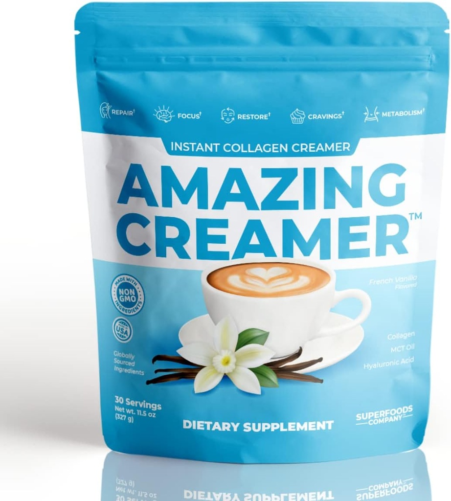 スーパーフード社、コラーゲンとアメイジングクリーム - Keto Creamer-Hyaluronic acid & MCT Oil - 脳ブースト & 曲線の舗装 - 健康な皮膚と髪をサポート - ダイエットフレンドリー [30 サービング] [Vanilla]