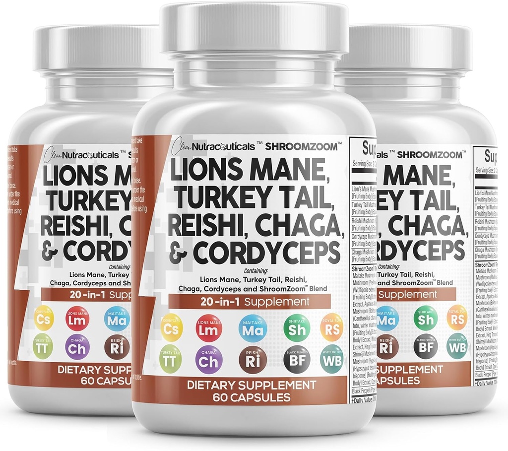 きれいなNutraceuticalsのライオンのマネ20in1のマッシュルームはトルコの尾ReishiのCordyceps Chaga Maitake Meshima PoriaのココスシイタケOyster Porcini Enoki - 3Packと補います