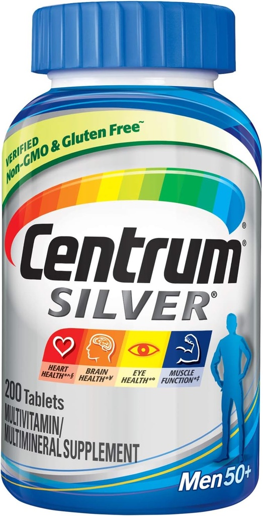 Centrumシルバーマルチビタミン男性50プラス、マルチミネラルサプリメント、ビタミンD3、B-ビタミンと亜鉛、グルテンフリー、非GMO成分、高齢者の記憶と認知をサポート - 200 Ct