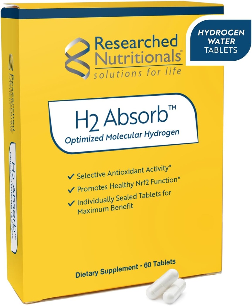 Researched Nutritionals H2 Absorb Molecular Hydrogen Tablets - Instant Hydrogenated Water & Antioxidant Supplement - Rejuvenating Drink to Promote Energy & Healthy Aging (60 Tablets)