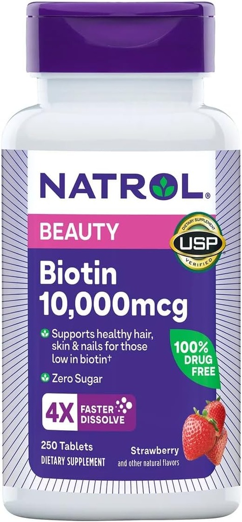 NatrolのBiotin 10000のmcgのいちごの味、速い分解のタブレット、余分強さ、250の計算