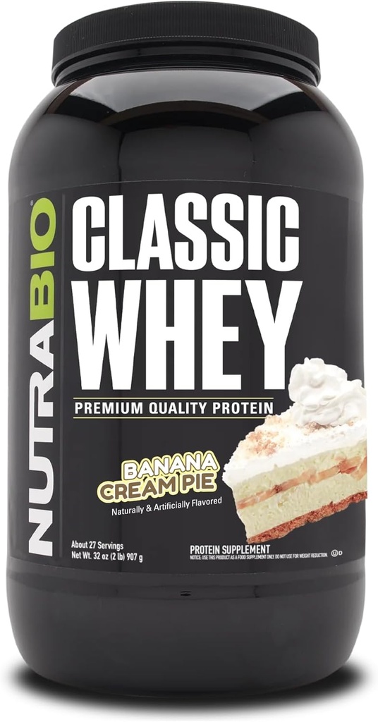 NutraBio Classic Whey Protein Powder- 25G Protein Per Scoop - Full-Spectrum Amino Acid Profile - No Fillers, Artificial Colors, Preservatives - (Banana Cream Pie, 2 Pounds)