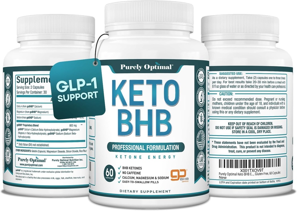 Purely Optimal Keto BHB Capsules – Exogenous Ketone Pills for Ketosis Support, Sustained Energy, Focus & Metabolism – for Women & Men, 60 Capsules