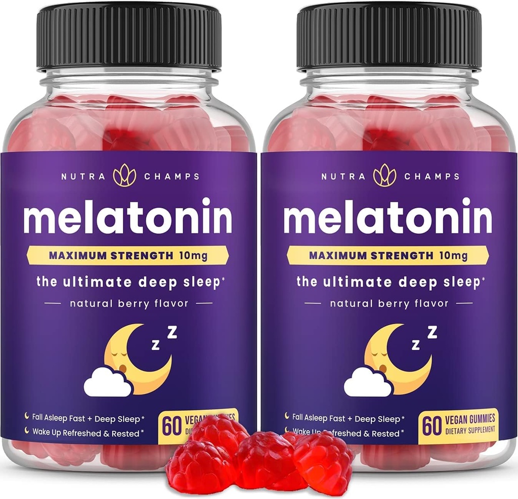 NutraChamps(大人のための2メラトニンのグミのパック、余分な強さの睡眠の援助のビタミン、5mgか10mgの線量、よりよい睡眠のためのビーガン自然ないちごの味の補足、120のグミ