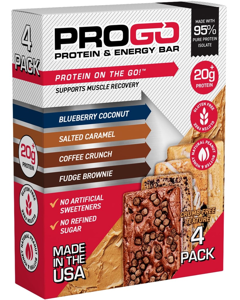 ProGo の蛋白質棒、低い砂糖、高い蛋白質の軽食(21gまで) - より速い筋肉成長及び回復、低いカロリー、甘くされた w/ピーナツのバター及び未加工蜂蜜 (4 カウント、始動機のパック)のための 95% の純粋な隔離