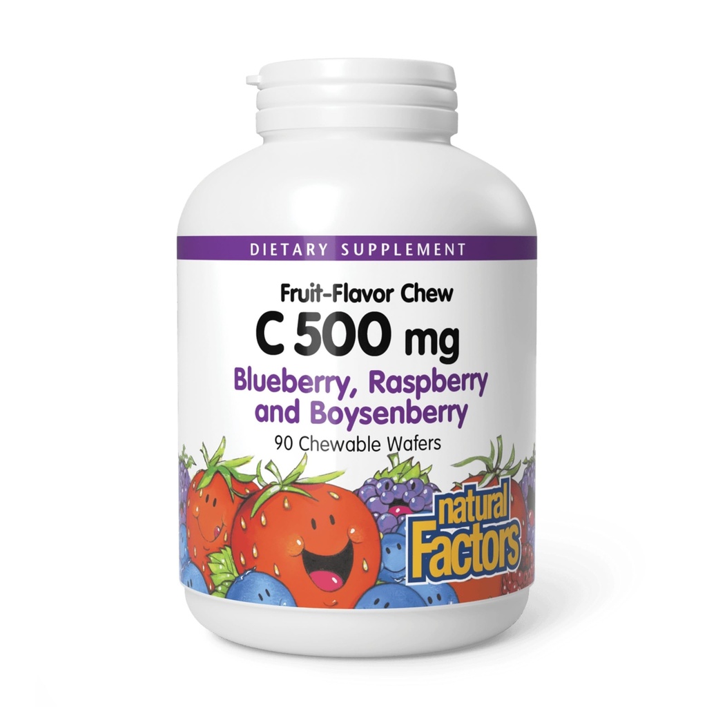 ナチュラルファクター、キッズChewableビタミンC 500mg、免疫健康、ボニー、歯とグム、ブルーベリー、ラズベリー、ボイセンベリー、90カウント(パッケージ1)