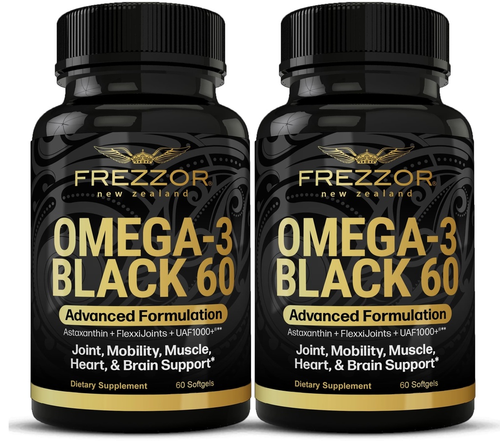 FREZZOR Omega 3 ブラック のための 関節ケア & 快適 - ニュージーランド グリーン リッピング Mussel オイル カプセル; 53x 高い効力 と UAF1000 + スーパー 抗酸化物質、魚の後味、60 カウント (パック 2)