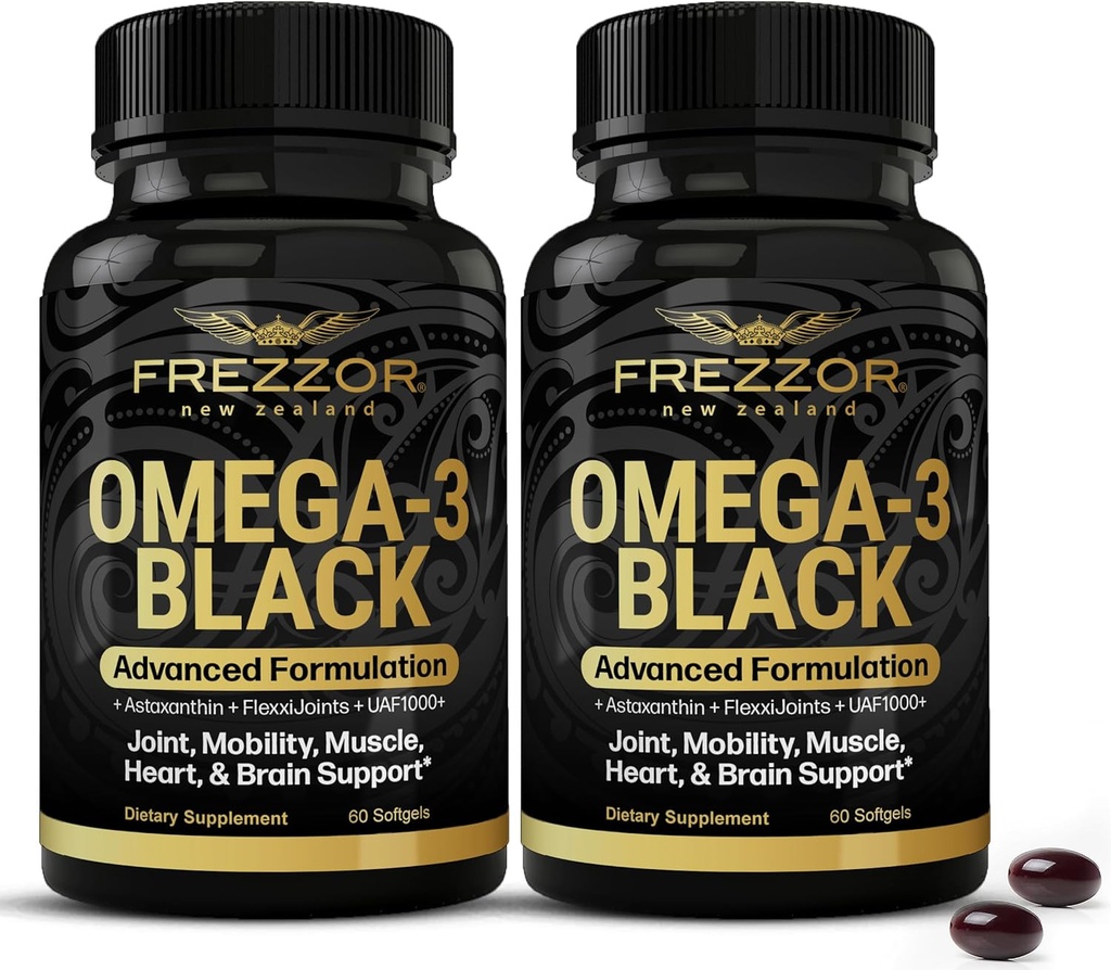 FREZZOR Omega 3 ブラック のための 関節ケア & 快適 - ニュージーランド グリーン リッピング Mussel オイル カプセル; 53x 高い効力 と UAF1000 + スーパー 抗酸化物質、魚の後味、60 カウント (パック 2)