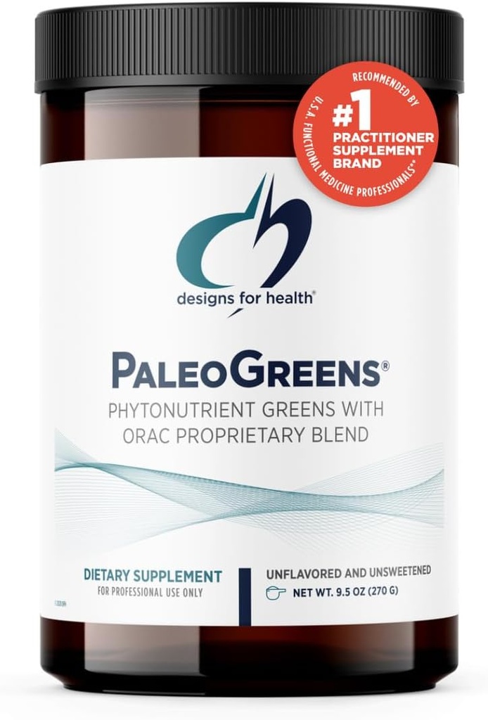 Designs for Health PaleoGreens - Over 90% Organic Super Green Shake Powder with Vegetables, Berries, Enzymes + Antioxidants - Non-GMO Drink Mix, Unflavored + Unsweetened (30 Servings / 270g)