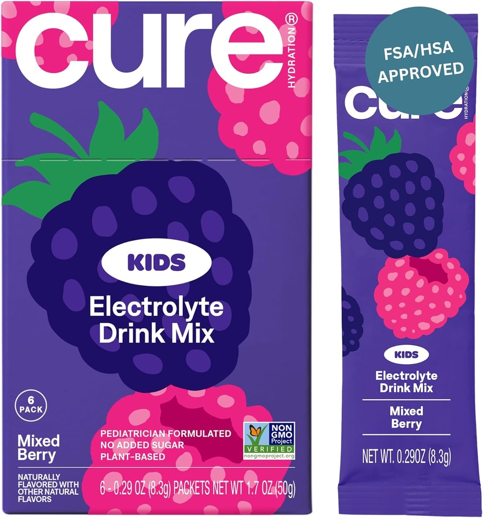 Cure Hydration - Kids Electrolyte Drink Mix | Plant-Based Pediatrician Formulated Rehydration | No Added Sugar, FSA-HSA, Non-GMO, Gluten-Free, No Artificial Flavors | Box of 6 Packets - Mixed Berry