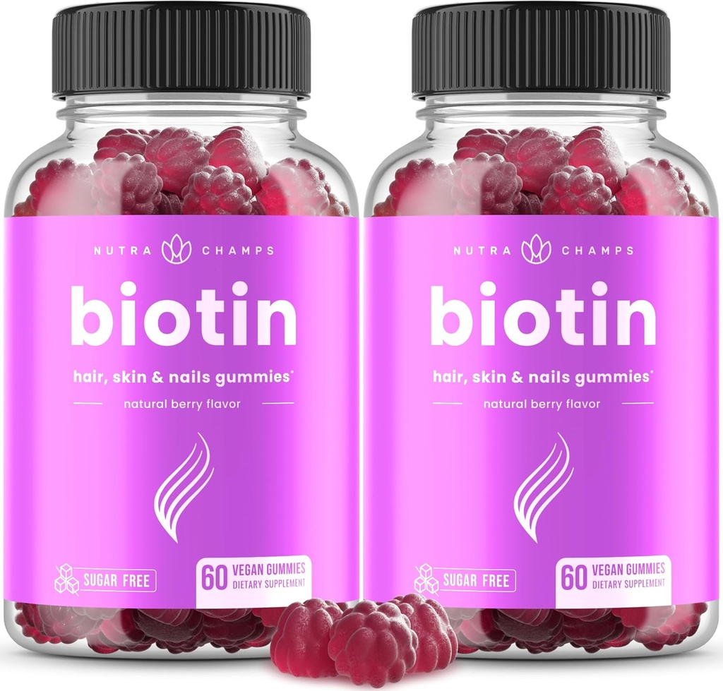 NutraChamps Sugar Free Biotin Gummies 10000mcg [High Potency] - 健康な髪、女性のためのスキン&ネイル、男性&子供 - 5000mcgごとに - ビーガンヘアヘルスビタミンサプリメント - ラズベリー(2パック)