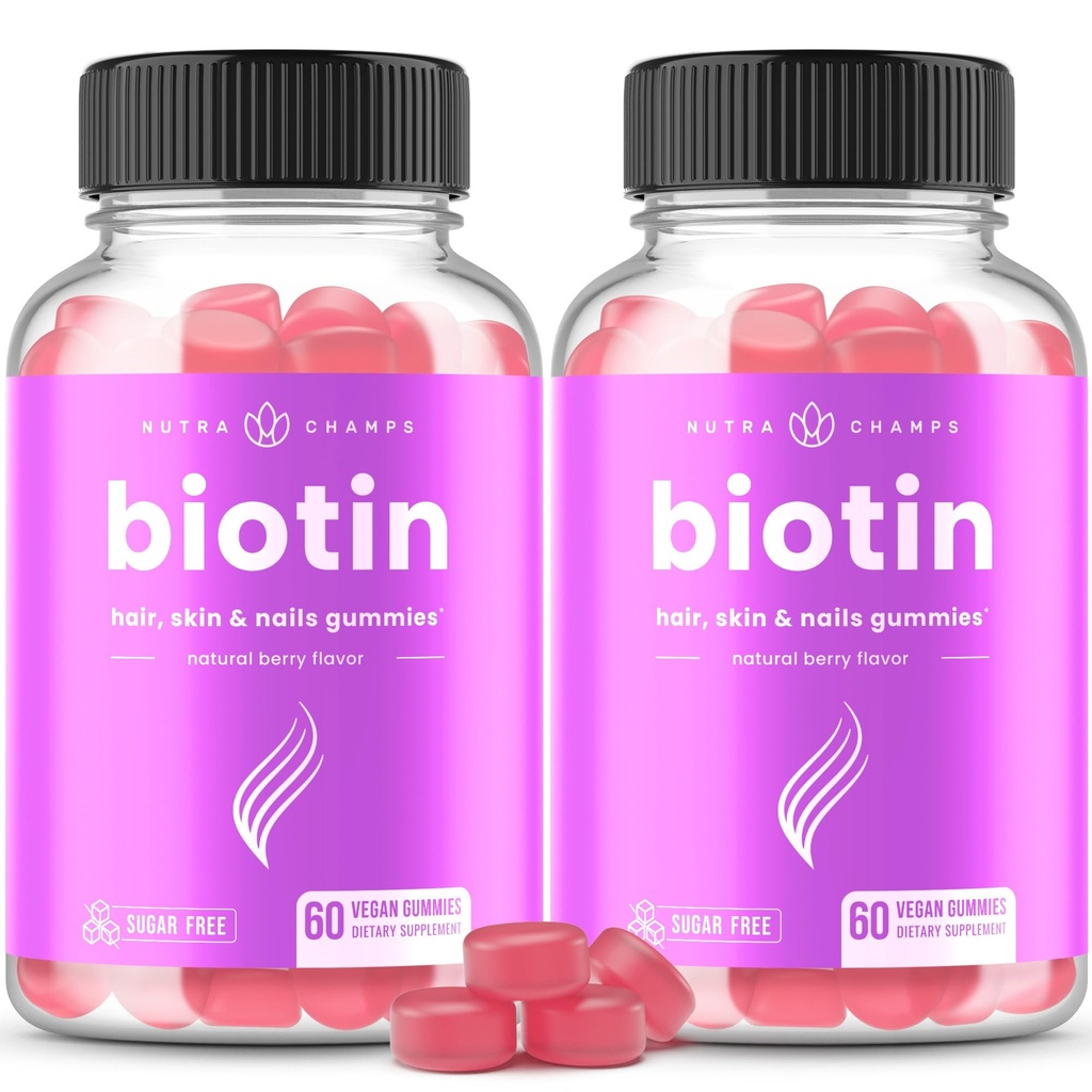 NutraChamps Sugar Free Biotin Gummies 10000mcg [High Potency] - 健康な髪、女性のためのスキン&ネイル、男性&子供 - 5000mcgごとに - ビーガンヘアヘルスビタミンサプリメント - ラズベリー(2パック)