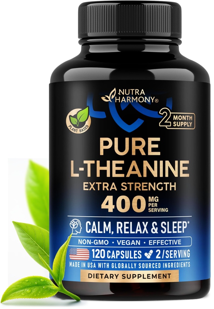 Lテアニン400mg | L-テアニンストレスリリーフ | エクストラ強度サプリメント | アメリカ製 | リラックス・睡眠・カルムサポート | 男性用・女性用 | プラントベース・非GMO・グルテンフリー | 120 ビーガンカプセル
