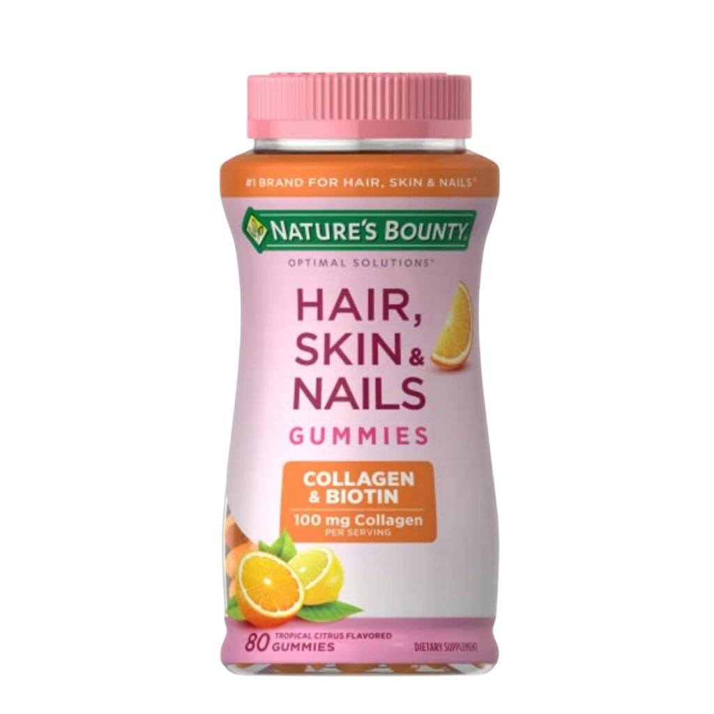 Nature's Bounty Optimal Solutions Hair, Skin & Nails with Biotin and Collagen, Citrus-Flavored Gummies ビタミンサプリメント, 2500 mcg, 80 Ct, 40 Total サービング