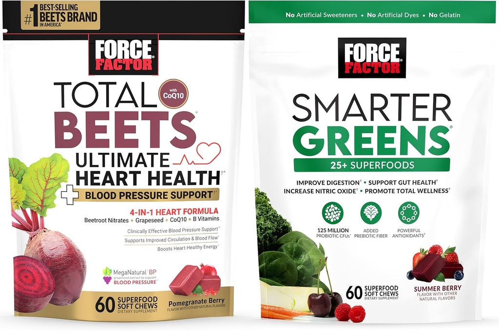 Bundle of Force Factor Total Beets Ultimate Heart Health Blood Pressure Support Chews with CoQ10, 60 Soft Chews + Smarter Greens Superfood Chews, to Support Digestion, 60 Soft Chews
