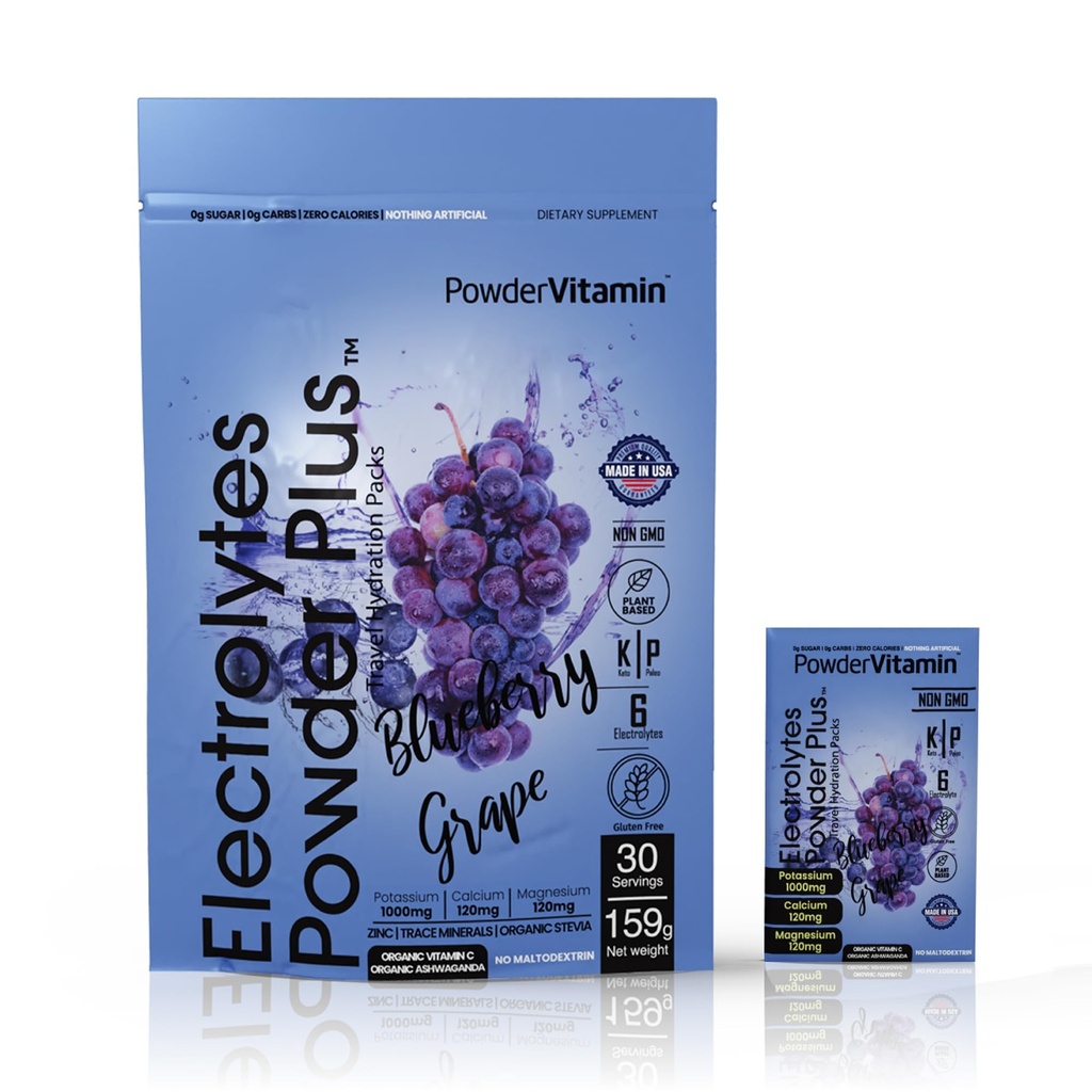 PowderVitamin 電解質パウダープラス、ケト、ブルーベリーグレープ、ゼロシュガー、1000mg カリウム、120mg カルシウム、120mg マグネシウム、非GMO、ゼロカロリー、30 水分補給パケット