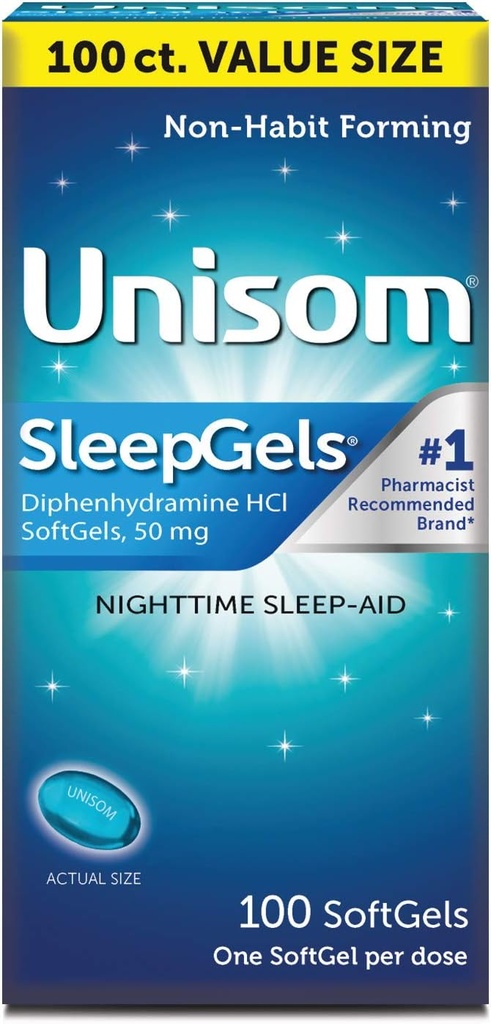 Unisomの夜間睡眠援助のゲル、Diphenhydramine HCI 50mgの100の計算