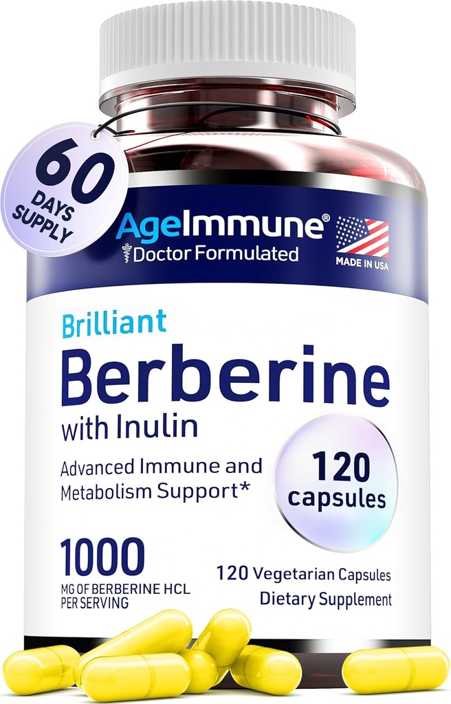 AgeImmune Berberine 1000mgはインリンのプレバイオティックとコンプレックスを補います - 各カプセルはBerberine 500mgが含まれています - 高吸収のための医師の処方サプリメント。