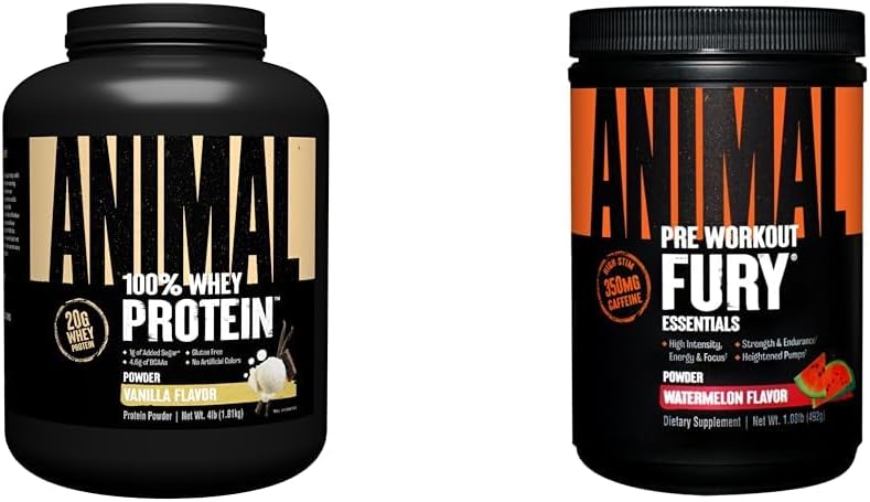 Animal 100% Whey Protein Powder Vanilla 4lb Bundle Fury Pre Workout Powder Supplement Watermelon 16.96oz