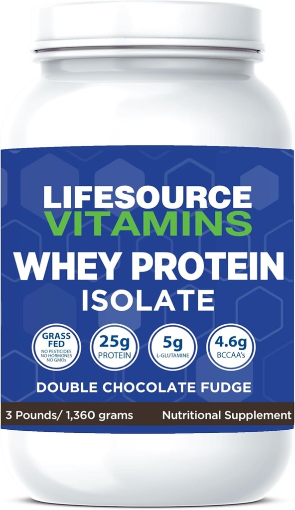 LifeSource Vitamins 3 lb - US Dairy Cows Grass Fed Whey Protein Isolate - Double Chocolate Fudge sweetened w/Stevia - 3 lb Powder