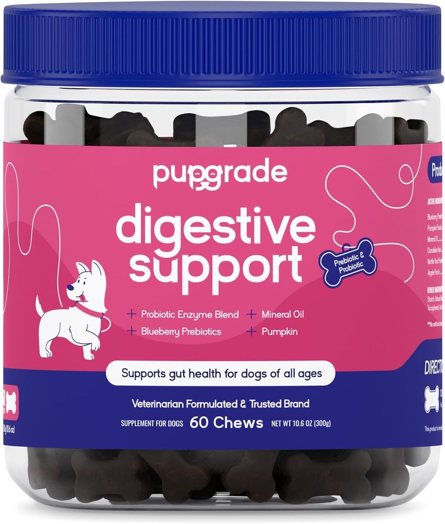PupGrade Digestive Support Chews for Dogs - Prebiotic and Probiotic Supplement with Enzyme Blend - Upset Stomach, Diarrhea, Bowel, and Immune Support - Pumpkin, Blueberry, Mineral Oil - 60 Soft Chews