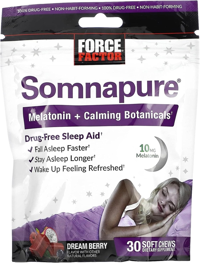 FORCE FACTOR 10mgのMelatonin、L-Theanine、Chamomile、Lemon Balmの夢の果実味、30の柔らかい咀嚼の柔らかさ