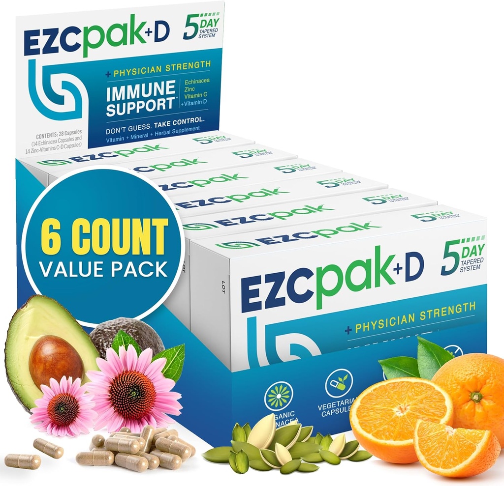 Echinacea、ビタミンC、亜鉛及びビタミンDが付いているEZCのパック5日の免疫システム ブースター-大人のための先を細くされた免疫サポート補足-サポート免除、容易な旅行サイズの補足のパック- (パッキング6)