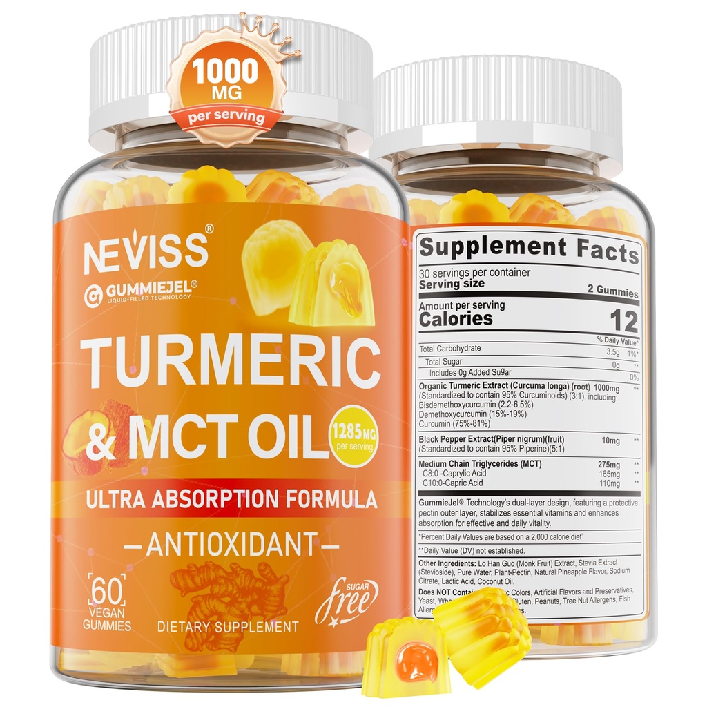ターメリックグミー1000mg w / MCTオイルC8 C10、有機酸化防止剤、黒胡椒エキスとターメリッククルクミンサプリメント、サポート快適さ、ブーストエネルギー、超吸収、砂糖無料、60 Cts