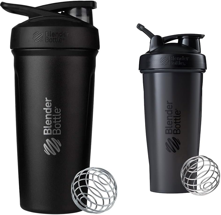 BlenderBottle Stradaのシェーカーのコップはワイヤー ウィスクが付いているステンレス鋼の水差し、24Ounce、蛋白質の揺れおよびプレワークアウト、28-Ounce、黒を絶縁しました