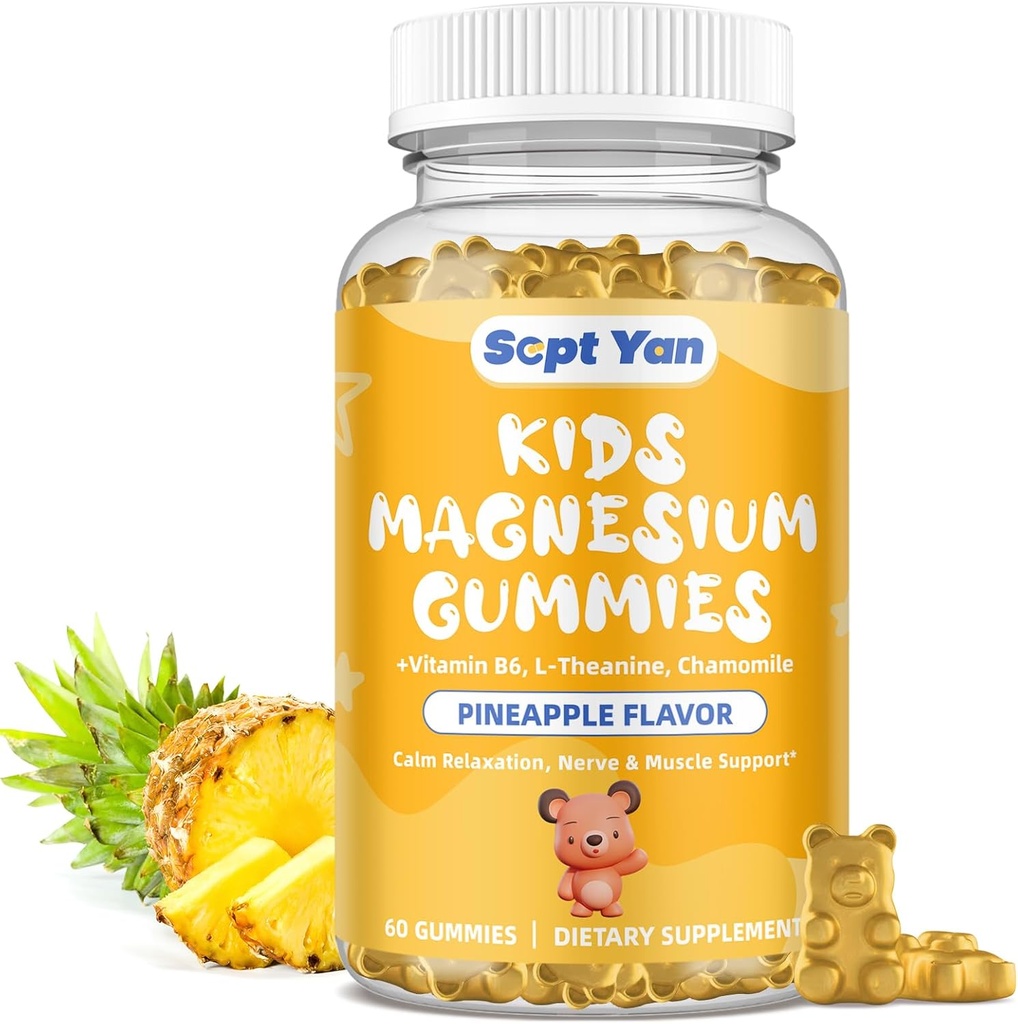 Magnesium Gummies for Kids - Magnesium Citrate Supplement with Vitamin B6, L-theanine, Chamomile & Lemon Balm - Calm Magnesium for Kids & Adults Sleep, Relaxation, Pineapple Flavor 60 Gummies