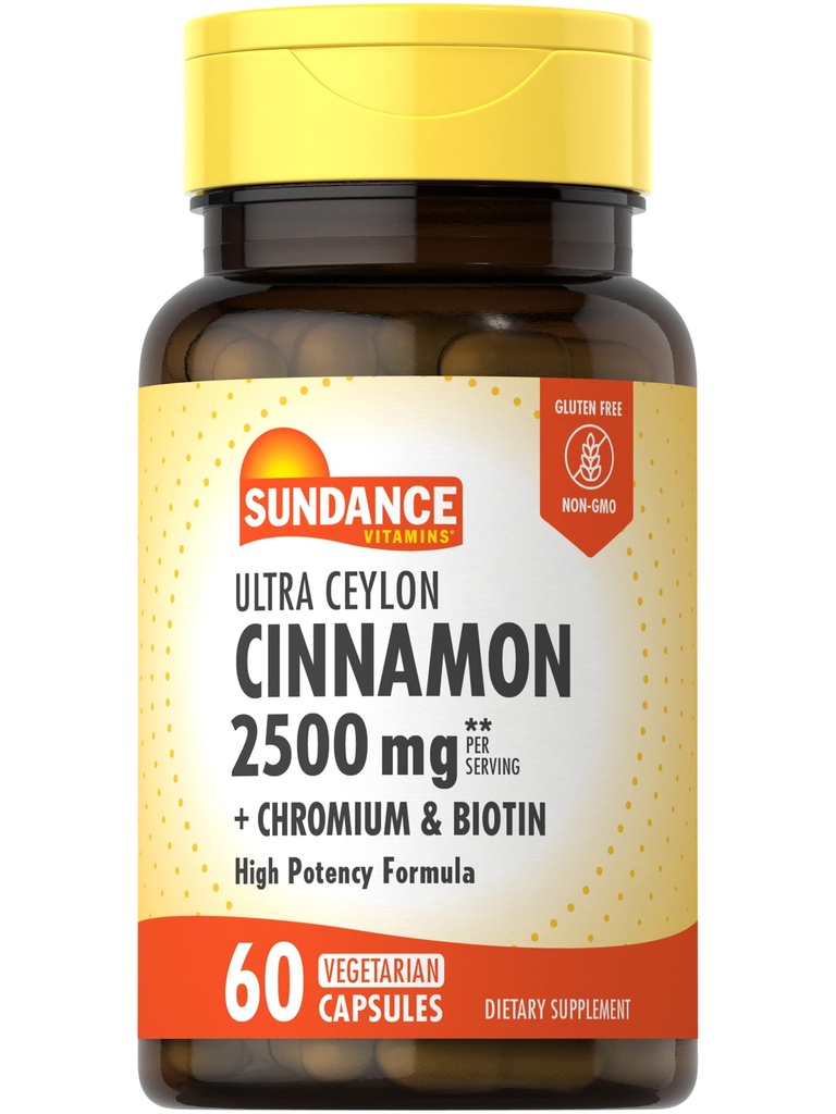 サンダンス・セイロン・シナモンカプセル 2500mg | 60Pills | クロム・ビオチン | ベジタリアン・ノンGMO・グルテンフリー対応商品