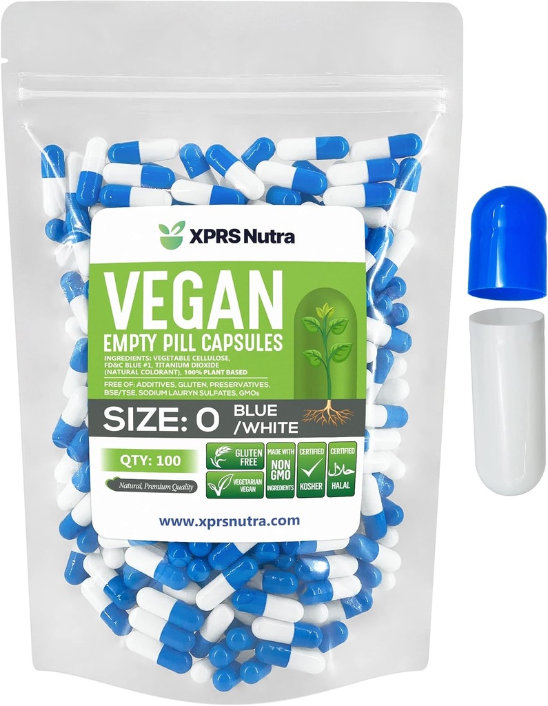 XPRS Nutra Size 0 Empty Capsules - 100 Count Empty Vegan Capsules - Vegetarian Pills - DIY Vegetable Capsule Filling - Veggie Pill Caps for Do-It-Yourself Suplements (Blue/White)