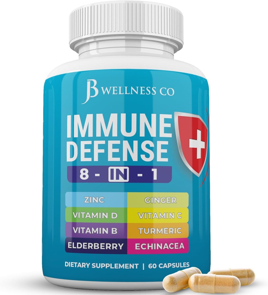 Immune Support 8 in 1 Capsules - Zinc Supplement, Vitamin D3, Vitamin C and Elderberry - Immune Booster Supplement with Echinacea, Ginger Root, and Turmeric