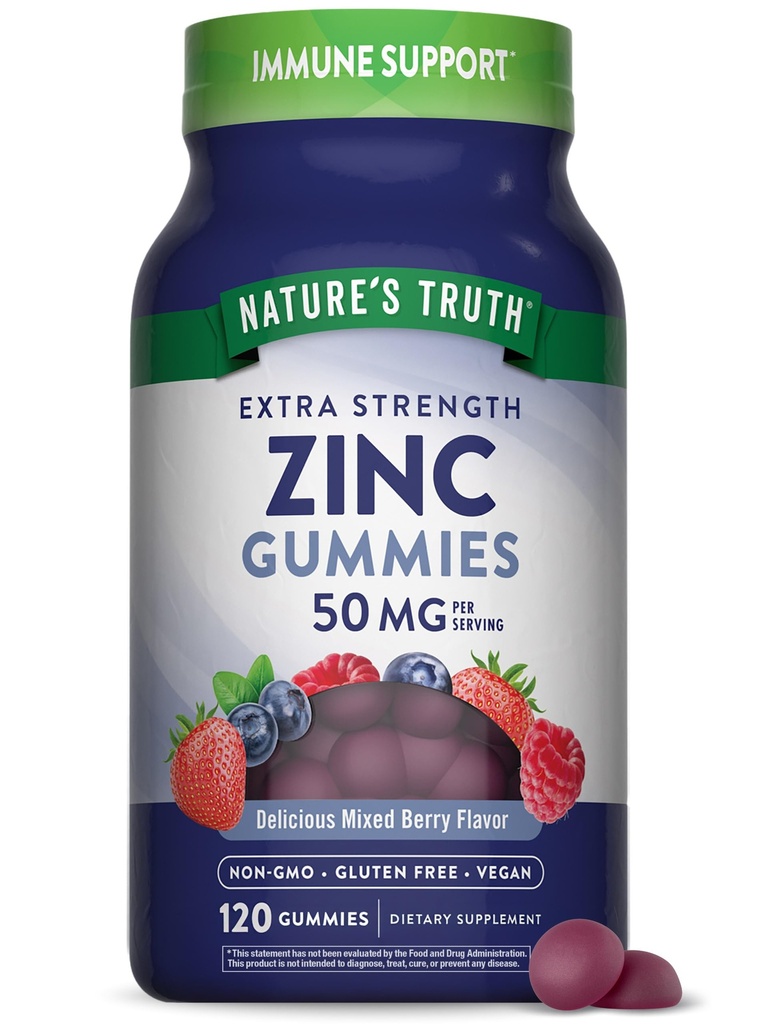 大人のための自然の真理亜鉛グミー | 50mg | 120 カウント | ビーガン, 非GMO & グルテンフリーサプリメント | 混合ベリー風味