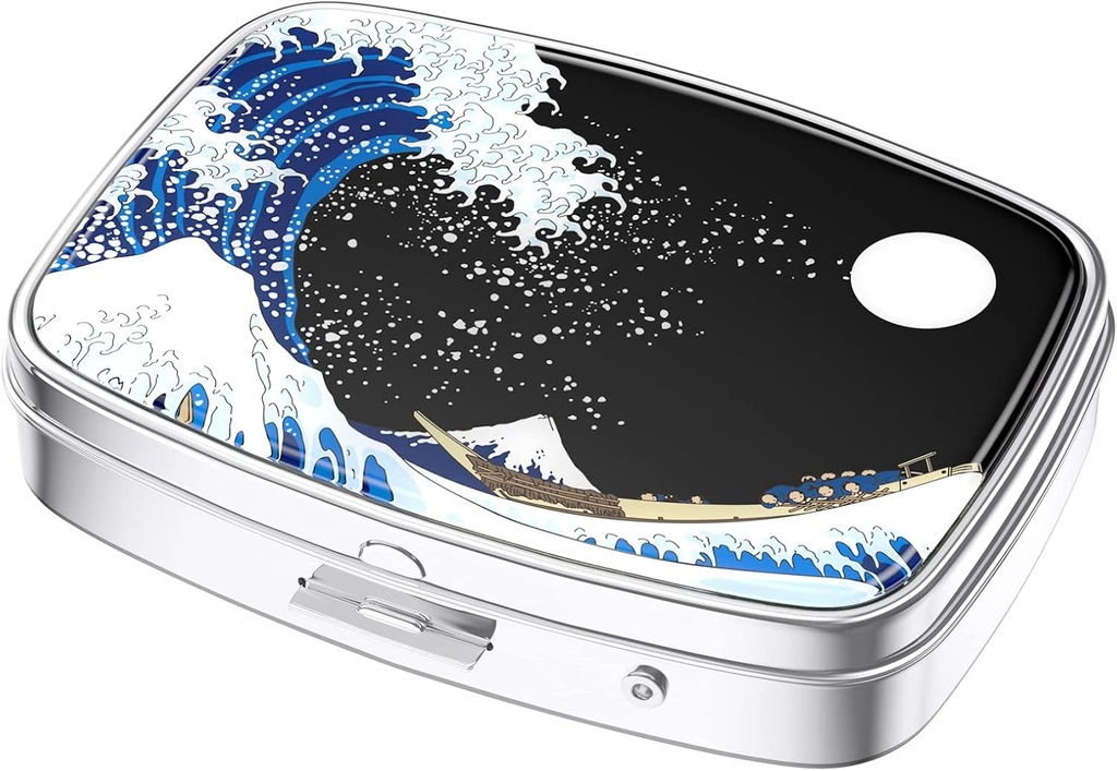 Nipichshaの丸薬箱、財布のための小さい丸薬箱及びポケット、かわいい旅行薬のオルガナイザー、ビタミン、薬、魚油及び補足、日本の波を握る携帯用薬の容器のホールダー