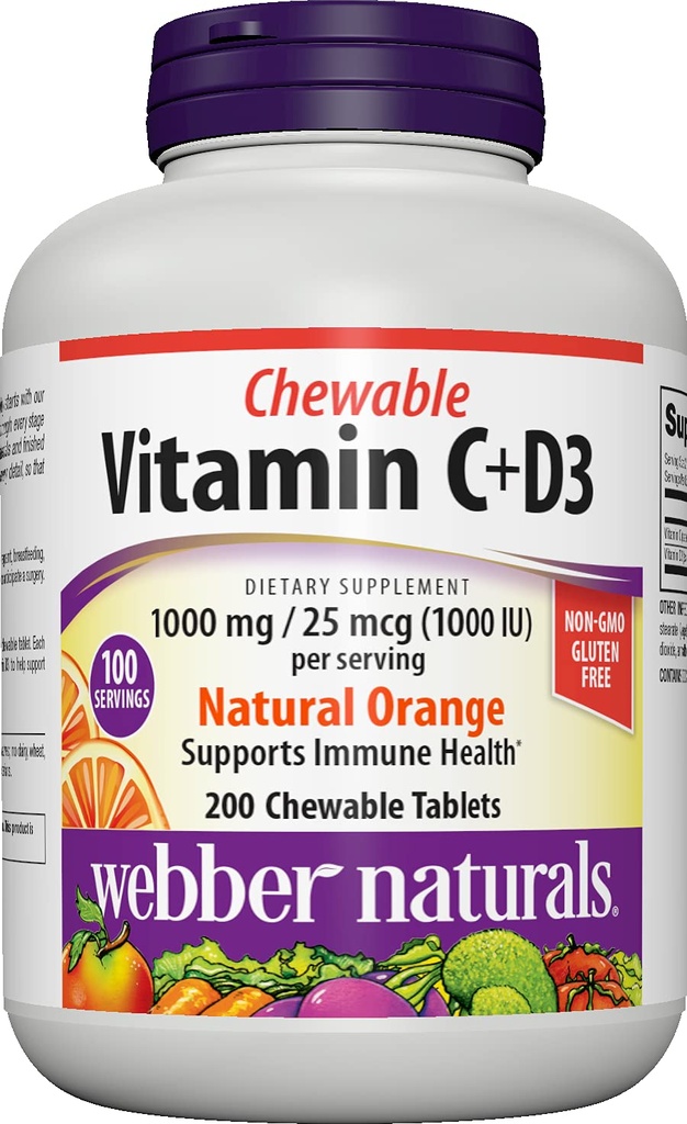 Webber NaturalsビタミンC + D3、200のChewableオレンジ タブレット、1000 mgのビタミンCは、ビタミンD3分の1000 IUのビタミンCを、給餌、ボン、歯、免疫および酸化防止サポート、非GMO、酪農場及びグルテンフリーに与えます