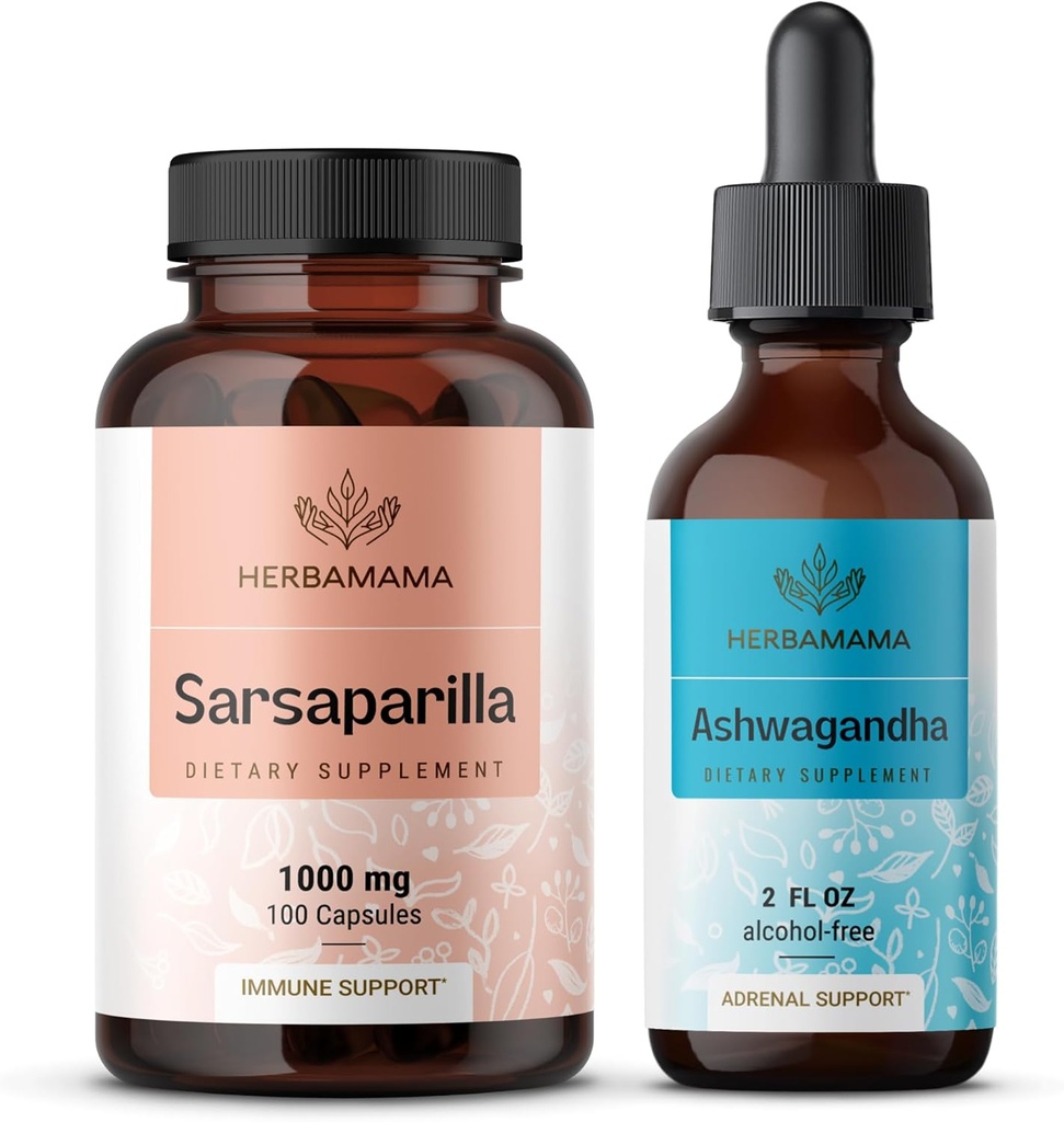 HERBAMAMA SarsaparillaとAshwagandhaキット - バンドル1000 mgサルサパリラルートカプセル&アシュワガンダルートチンチュール2オンス - ビーガン、非GMO、砂糖&アルコールフリー - 2パック