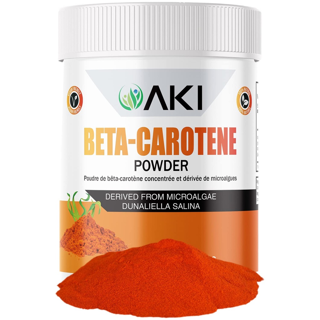 AKI ベータカロテン 10% パウダー (1.5oz/42.52g) 高濃度の風味ビタミン A のファント, 体機能をサポートするのに役立ちます。, 皮膚, 免疫システムと目 - GMO 無料で & ビーガンフレンドリー