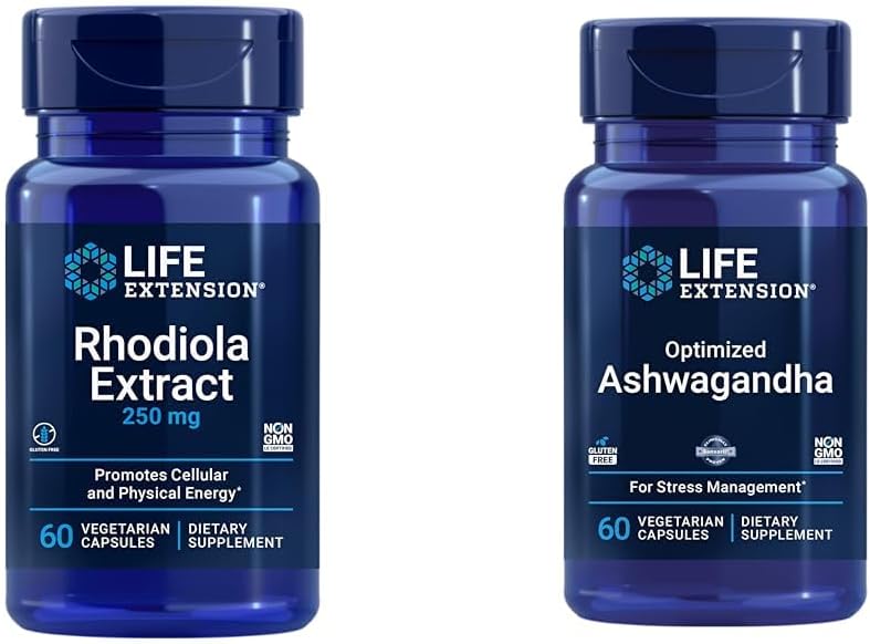 Life Extension Rhodiola and Ashwagandha Extract Bundle, Rhodiola rosea and ashwagandha Supplements, 60 Capsules Each