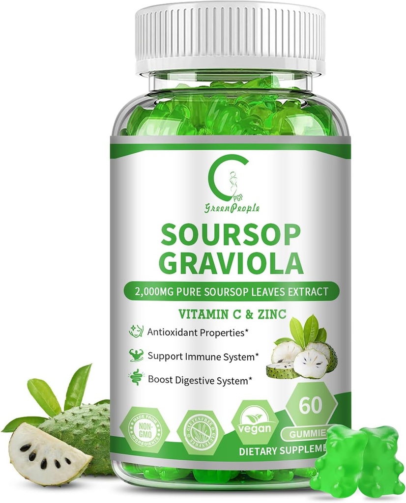 Soursop Graviola Gummies, Soursopは、エネルギーブーストのための抽出物を取り除きます, 消化器 & 免疫サポート, 抗酸化特性, 純粋なSoursopフルーツガミー, ビーガン, 非GMO, 60カウント