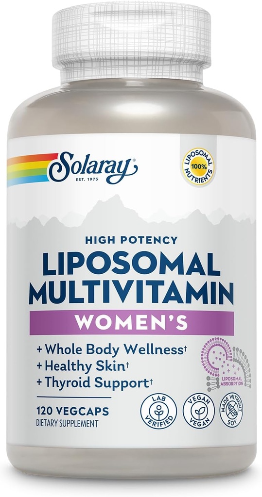 女性のためのSOLARAY Liposomal Multivitamin, 高められた吸収, 高い効力 w/Iron, ビタミン D, ビタミン C, B12, ビオチン, CoQ10, 免疫サポート, 骨の健康, ビーガン, 60 サービング, 120 VegCaps