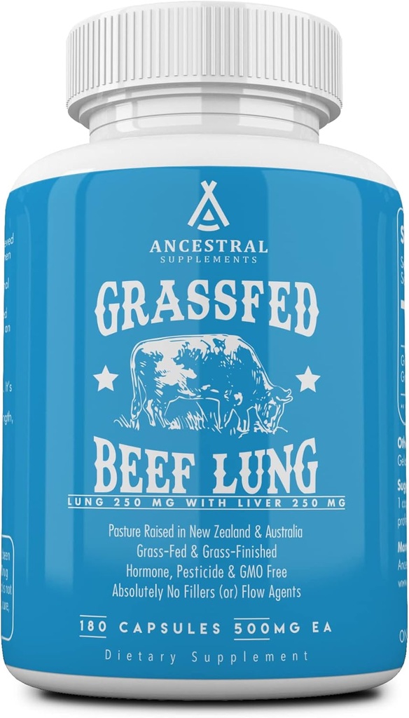 Ancestralはレバー、500mg、肺および肝臓の補足が付いている草のフィード ビーフの肺の補足を補います Lung、呼吸器、管および循環の健康、非GMO、180カプセルを支えます
