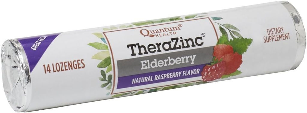 Quantum の健康の TheraZinc のエルダーベリー ロール、Raspberry Lozenges、免疫サポート、14 の計算のための亜鉛グルコネートとなされる