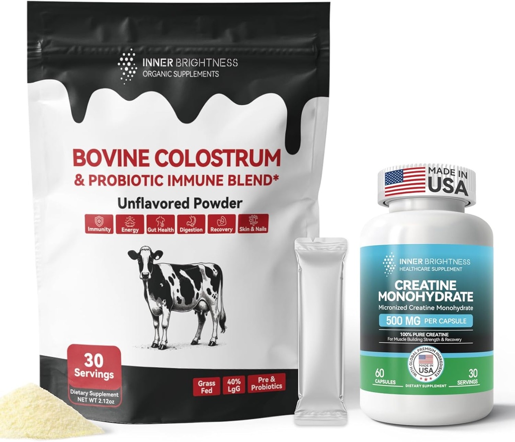 Colostrum Supplement Powder for Gut, Immune Health & Nutrient Absorption, 30 Servings + Creatine Monohydrate Capsules for Muscle Builder