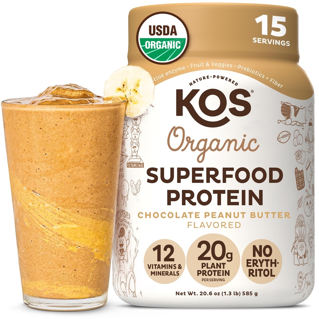 KOSオーガニック植物ベースのタンパク質パウダー、チョコレートピーナッツバター - おいしいビーガンプロテインパウダー - Ketoフレンドリー、グルテンフリー、酪農場無料&大豆無料 - 15のサービング