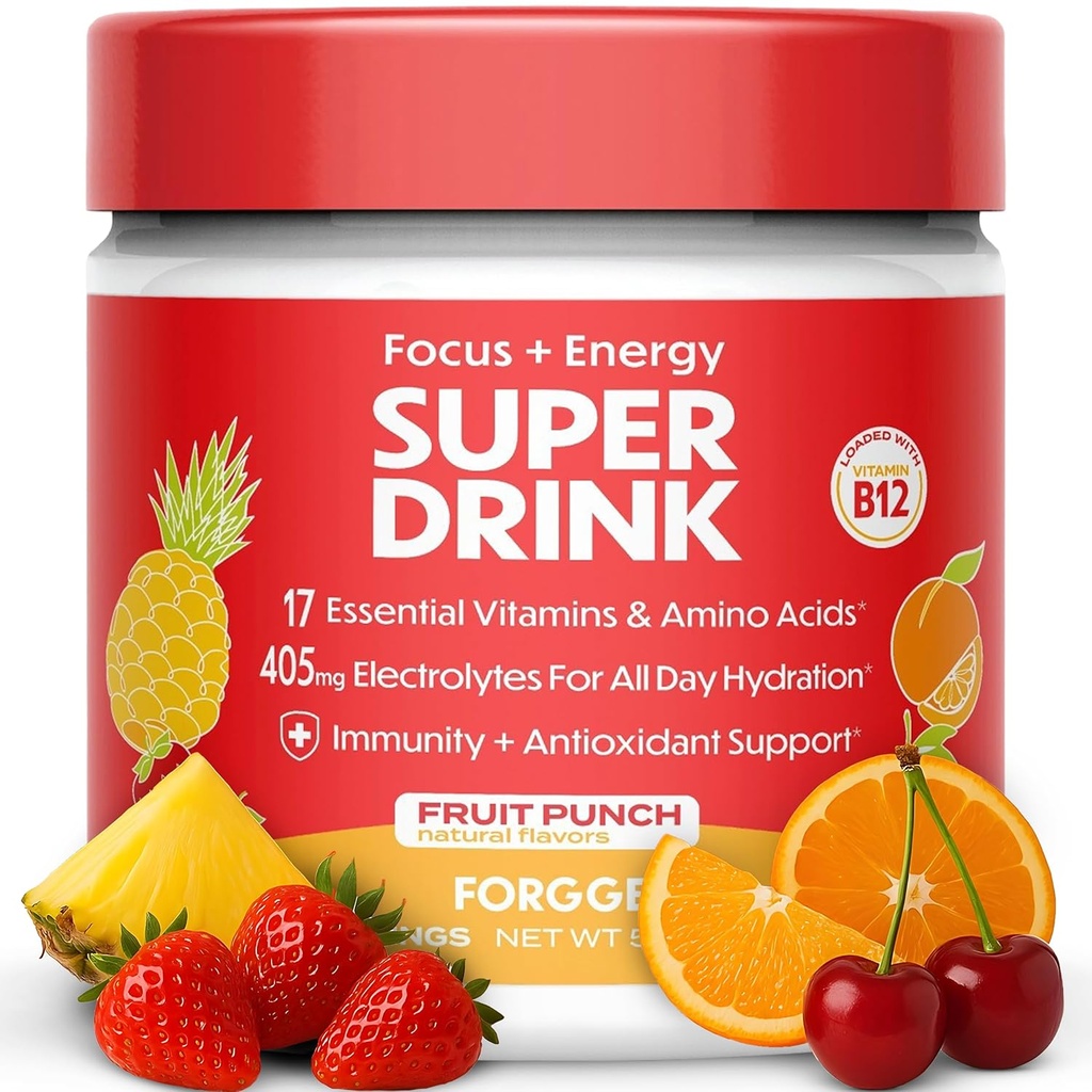 鍛造ヘルシーエナジードリンクパウダーミックス - クリーンカフェイン+ B12、B6、C&Dビタミン - 砂糖フリーエナジードリンクパウダー、アミノ酸、抗酸化剤、ライオンズマネ - ビーガン、ケトフレンドリー - 30 SVG、フルーツパンチ