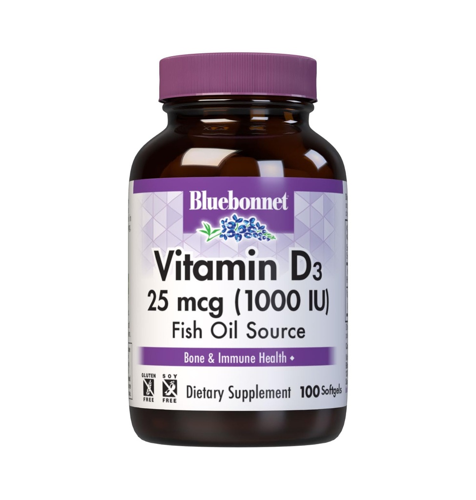 Bluebonnet栄養ビタミンD3 1000 IU Softgels、筋肉と骨格成長のエイズ、魚油、非GMO、グルテンフリー、大豆フリー、乳製品無料、100 Softgelsからのコレステロール